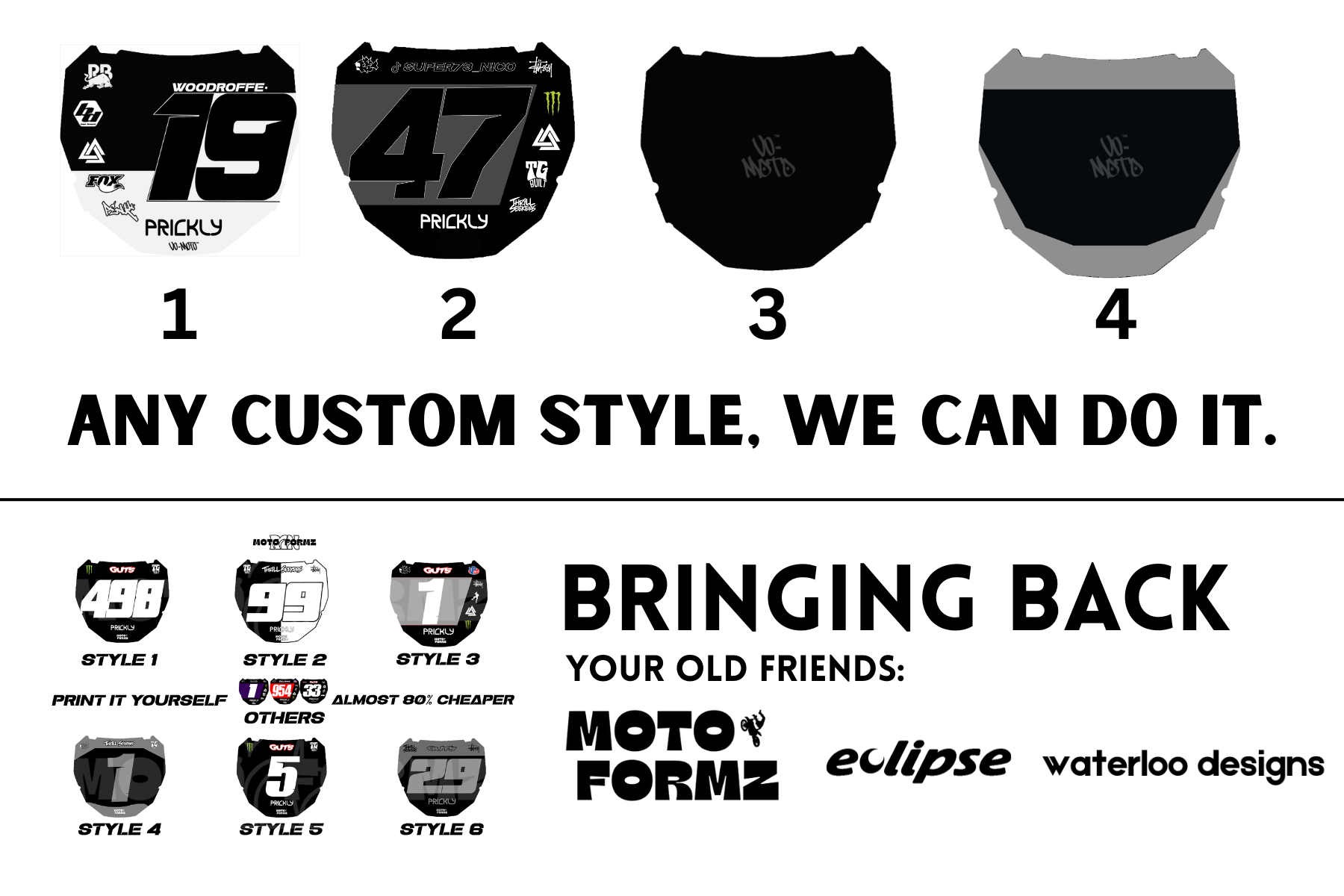 Set of motorcycle number plates with customization options and brand logos.