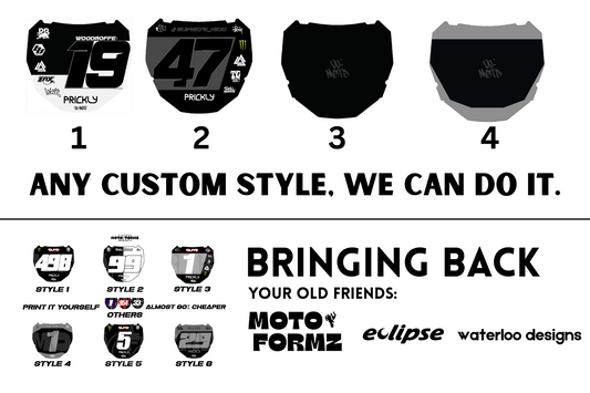 Set of motorcycle number plates with customization options and brand logos.